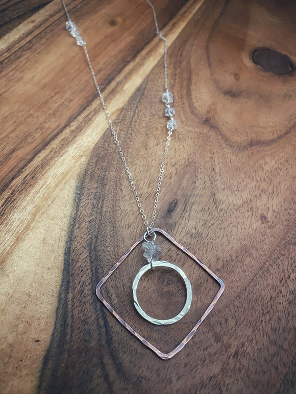 Sterling silver and copper forged hoop necklace with herkimer diamond gemstones