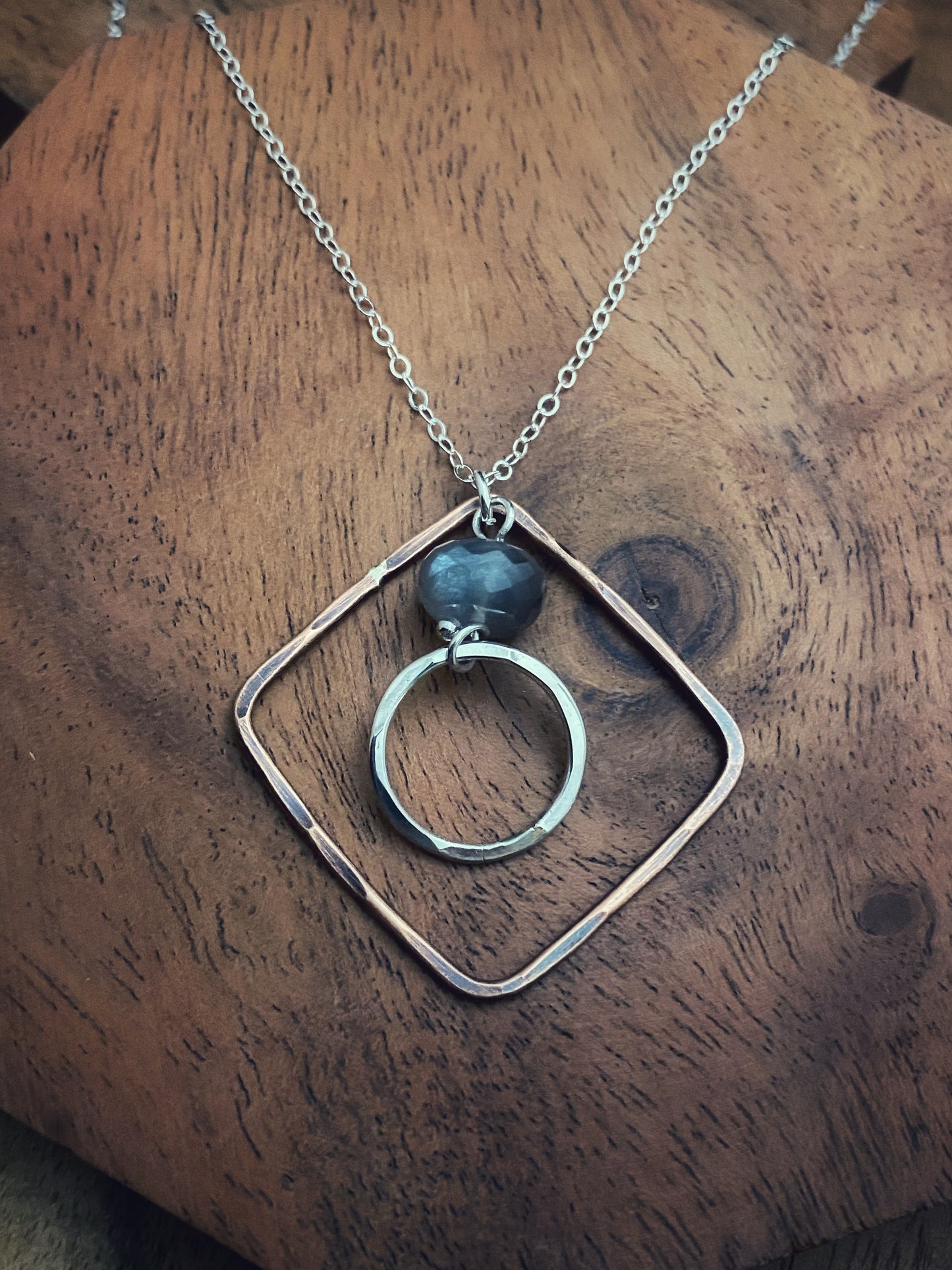 Sterling silver and copper forged hoop necklace with labradorite gemstone