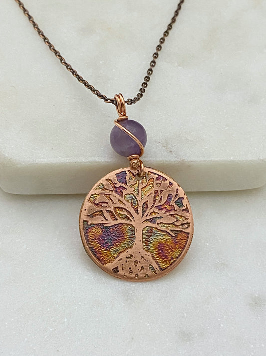 Acid etched copper tree necklace with amethyst gemstone