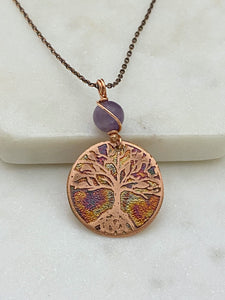 Acid etched copper tree necklace with amethyst gemstone