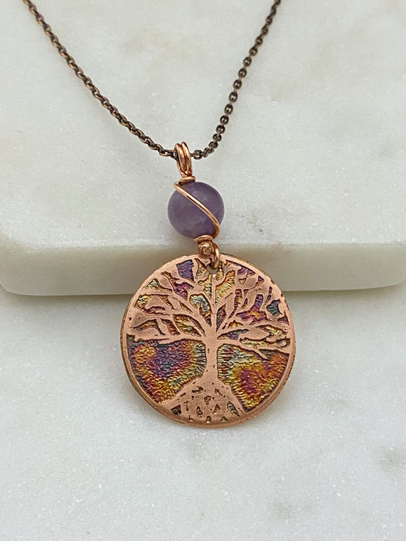 Acid etched copper tree necklace with amethyst gemstone