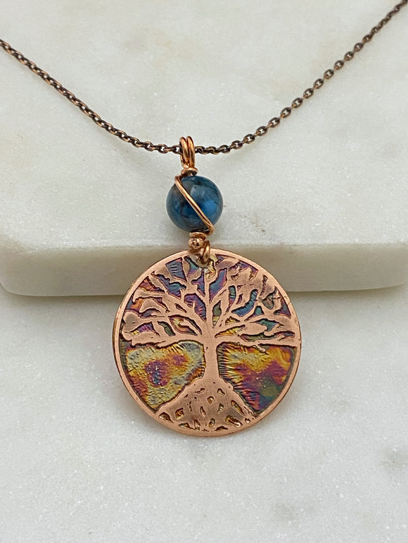 Acid etched copper tree necklace with apatite gemstone