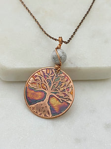 Acid etched copper tree necklace with moonstone gemstone