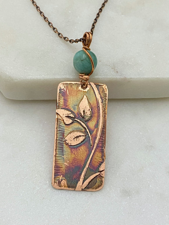 Acid etched copper leaf necklace with amazonite gemstone