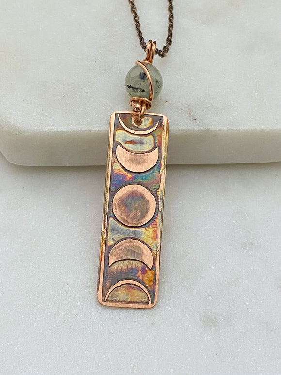 Moon phase acid etched copper necklace with prehnite gemstone