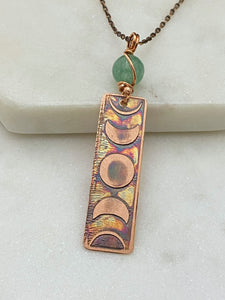 Moon phase acid etched copper necklace with aventurine gemstone