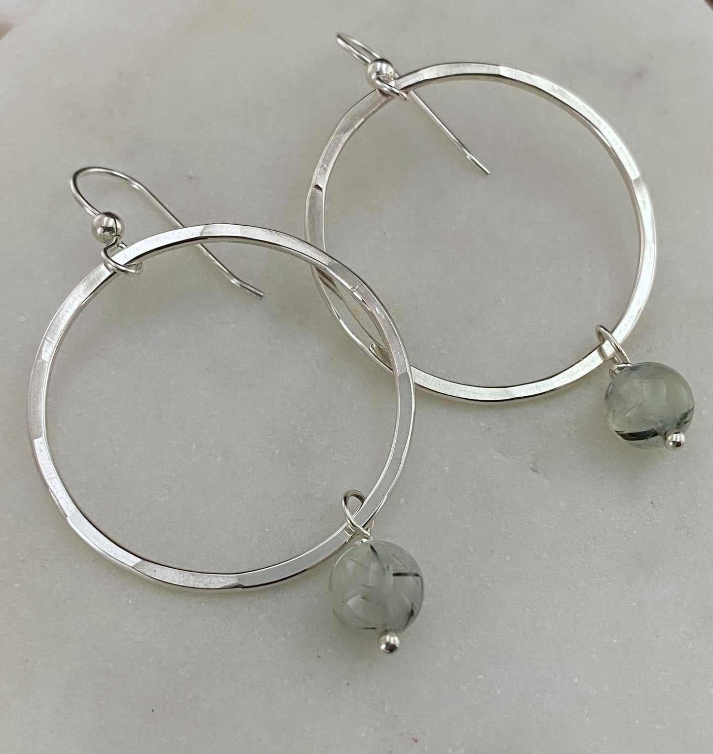 Sterling silver forged hoop earrings with prehnite