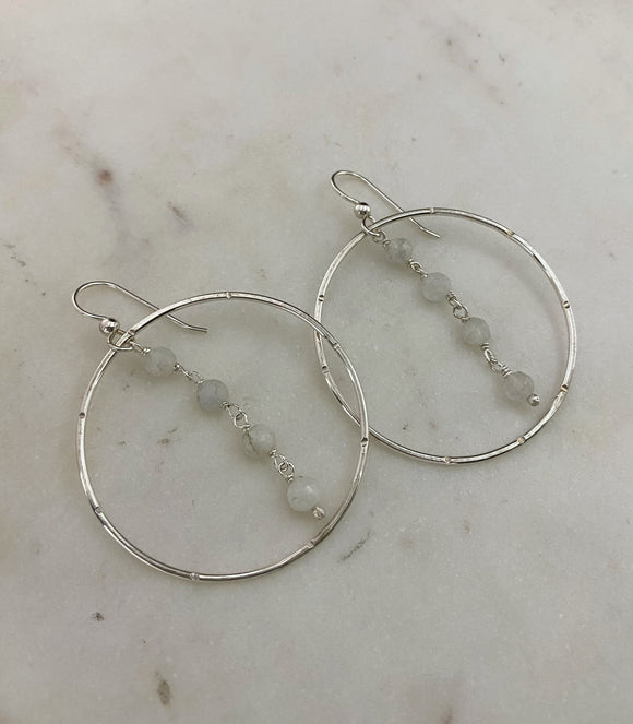 Sterling silver forged hoop earrings with moonstone