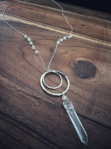 Forged sterling double disk necklace with quartz