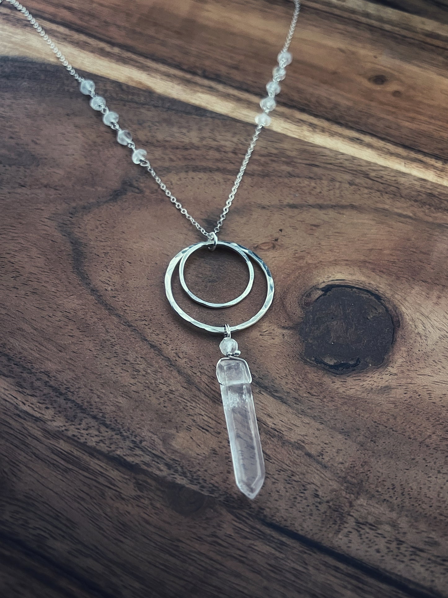 Forged sterling double disk necklace with quartz