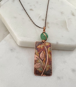 Acid etched copper leaf necklace with aventurine gemstone