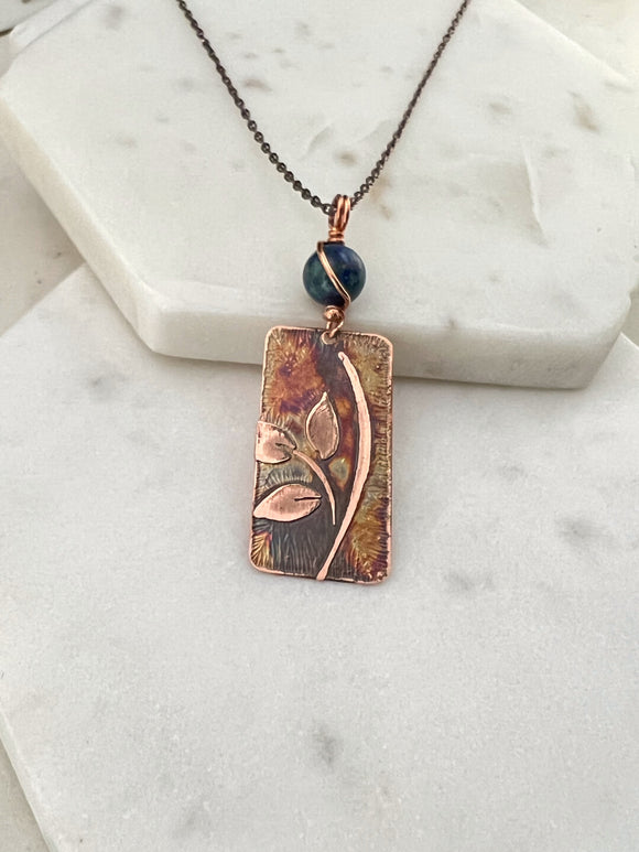 Acid etched copper leaf necklace with chrysocolla gemstone