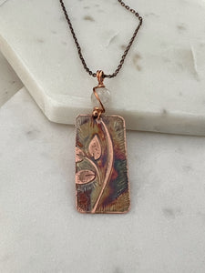 Acid etched copper leaf necklace with moonstone gemstone