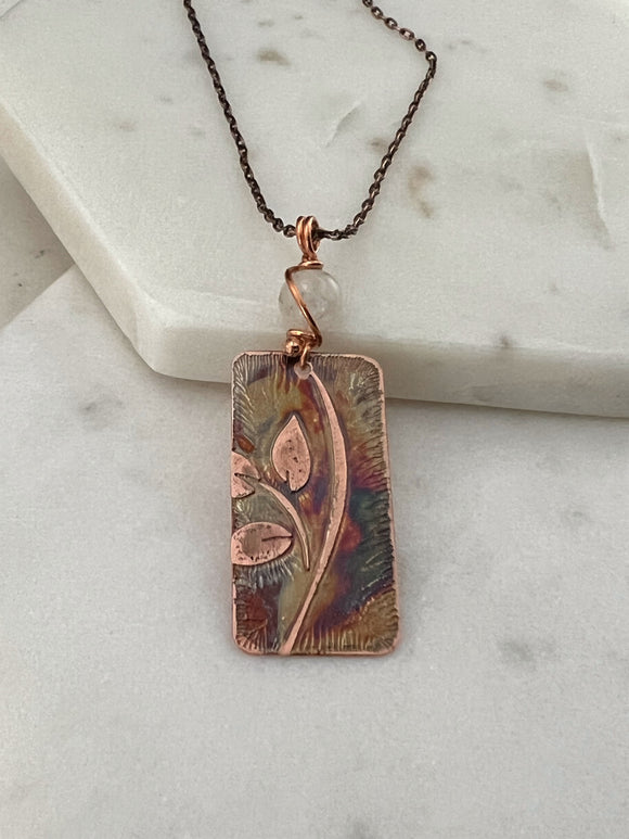 Acid etched copper leaf necklace with moonstone gemstone