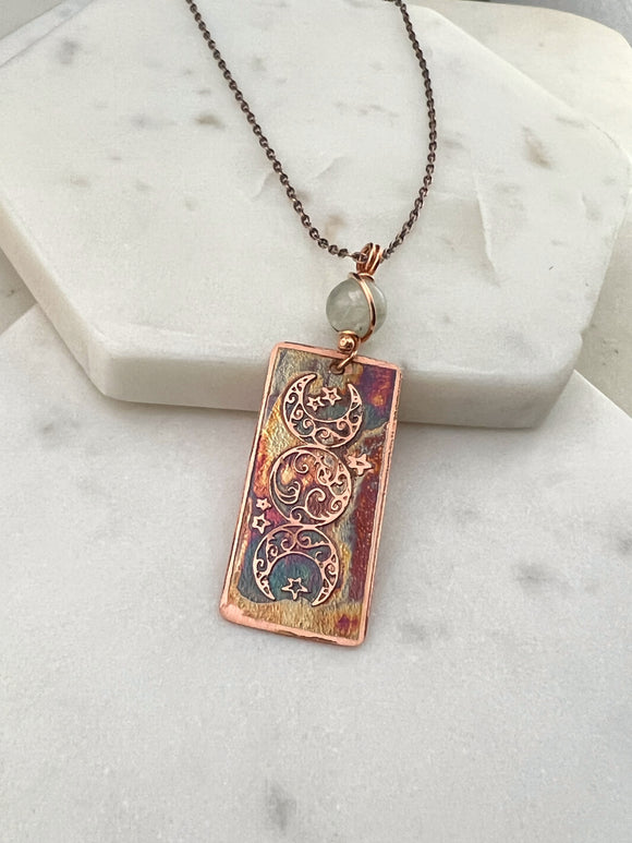Copper and prehnite triple moon necklace