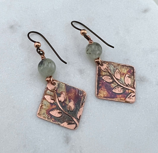 Acid  etched copper earrings with prehnite gemstones