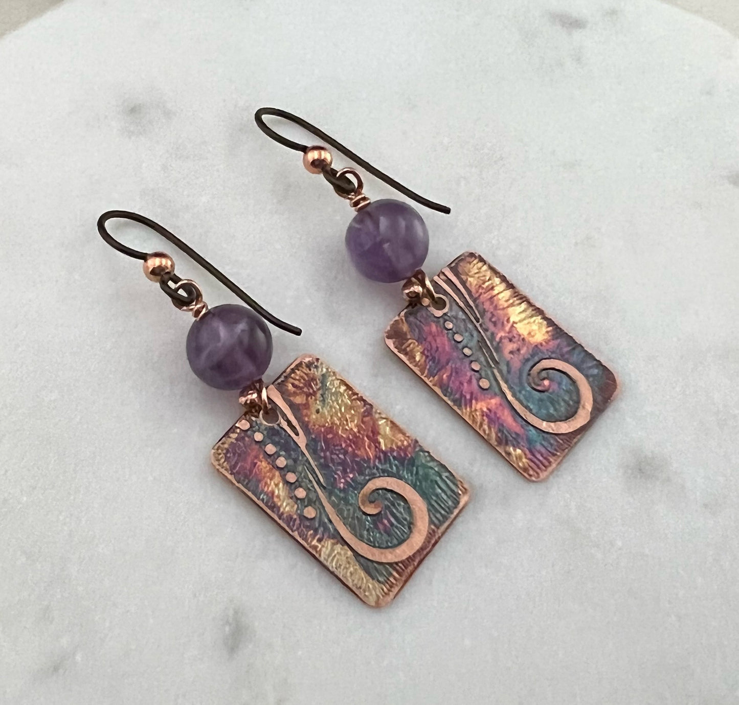 Acid  etched copper earrings with amethyst gemstones