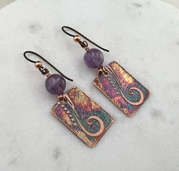 Acid  etched copper earrings with amethyst gemstones