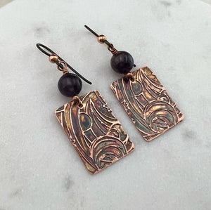 Acid  etched copper earrings with amethyst gemstones