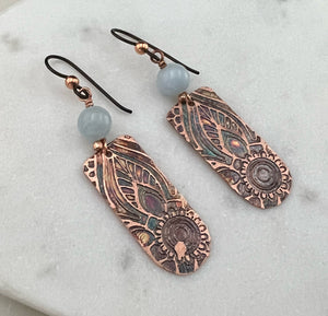 Acid  etched copper earrings with aquamarine gemstones