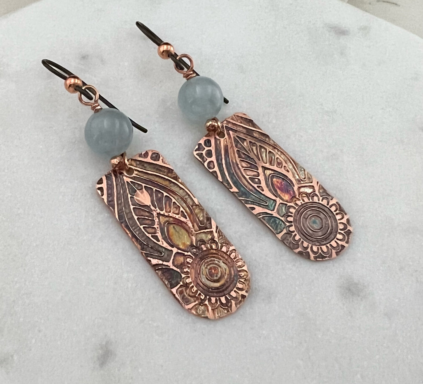 Acid  etched copper earrings with aquamarine gemstones