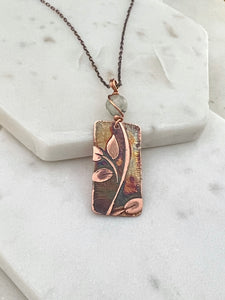 Acid etched copper leaf necklace with prehnite gemstone