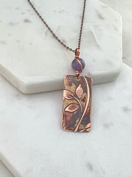 Acid etched copper leaf necklace with amethyst gemstone