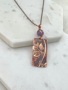 Acid etched copper leaf necklace with amethyst gemstone