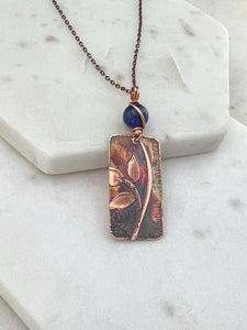 Acid etched copper leaf necklace with lapis gemstone