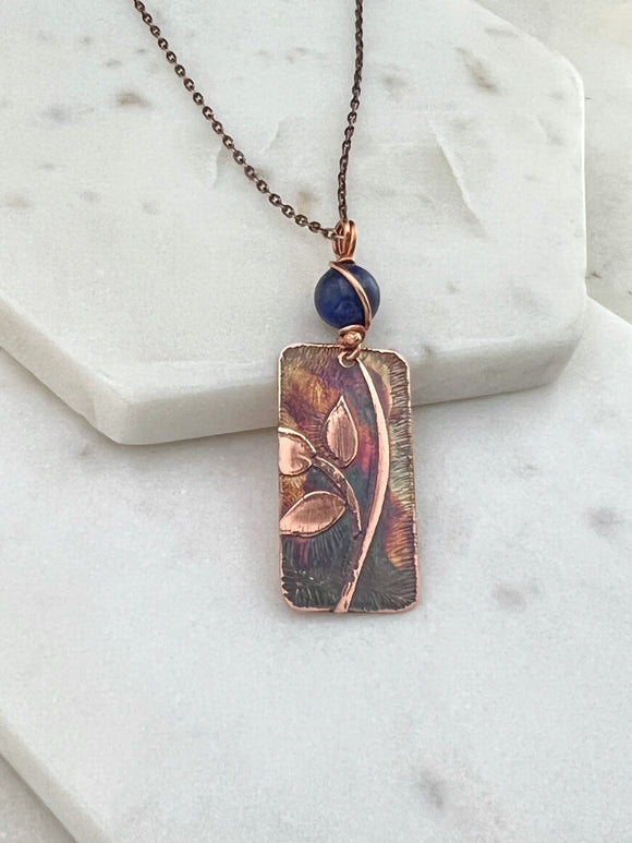 Acid etched copper leaf necklace with lapis gemstone