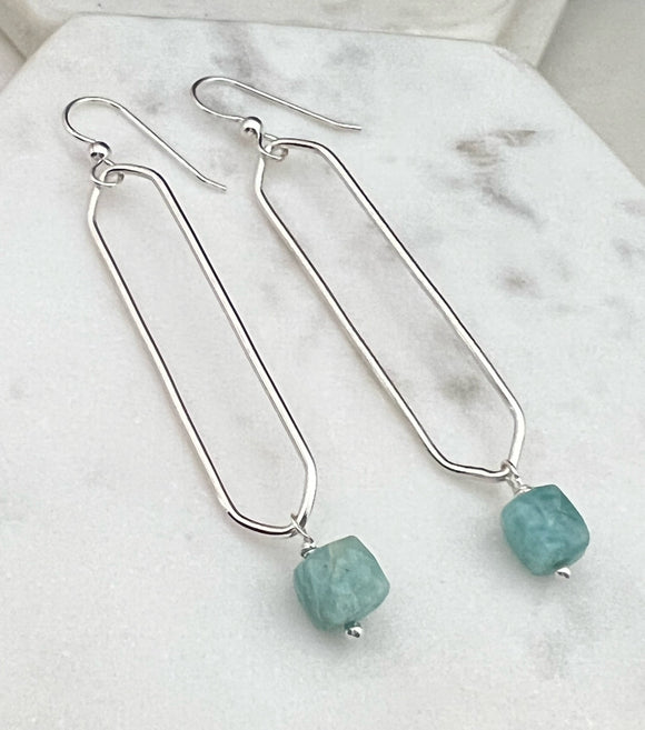 Sterling silver oval hoops with amazonite