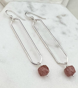 Sterling silver hammer textured oval hoops with strawberry quartz