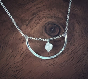 Forged sterling silver wire half moon necklace with moonstone