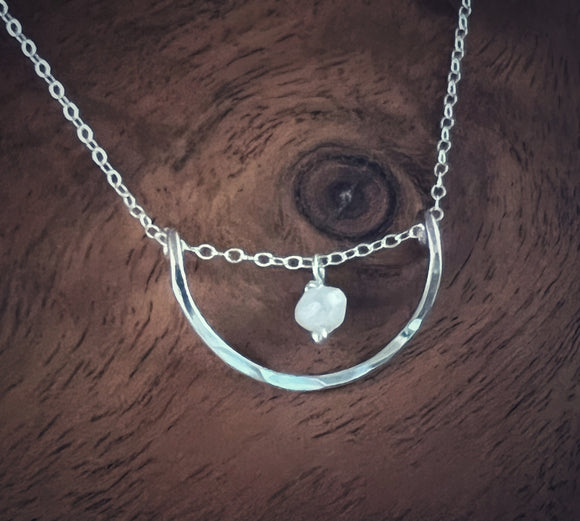 Forged sterling silver wire half moon necklace with moonstone