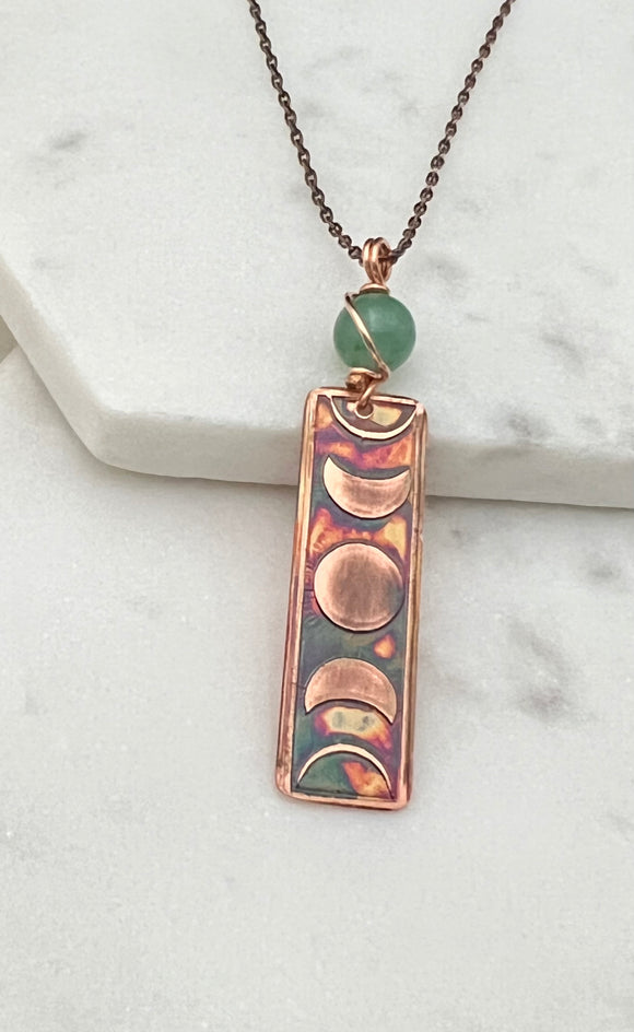 Moon phase acid etched copper necklace with aventurine gemstone