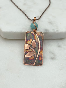 Acid etched copper leaf necklace with amazonite
