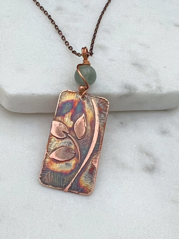 Acid etched copper leaf necklace with moss agate gemstone