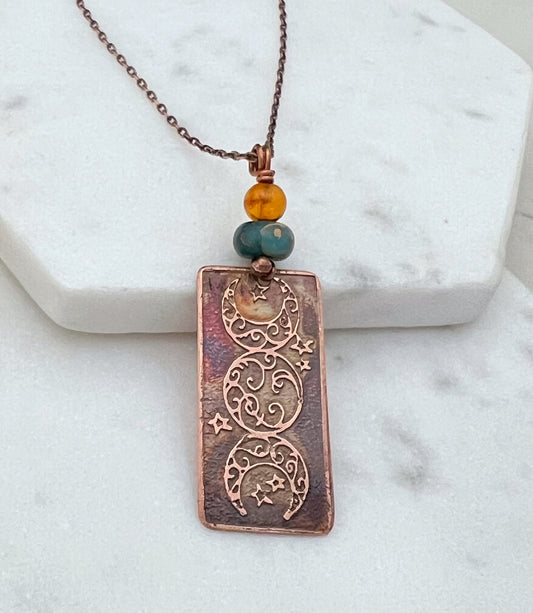 Copper and serpentine jasper and amber moon necklace