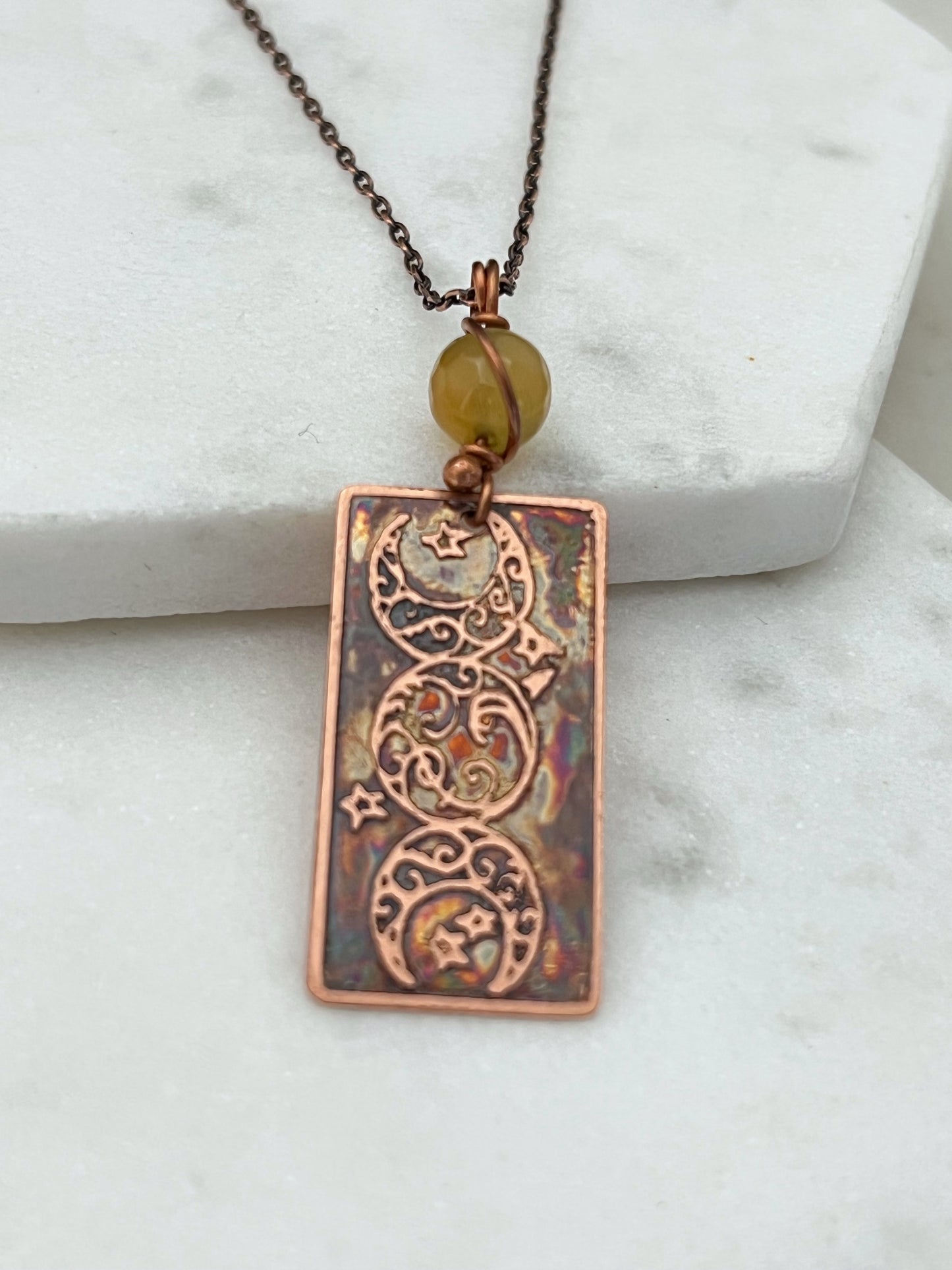 Acid etched copper moon necklace with agate