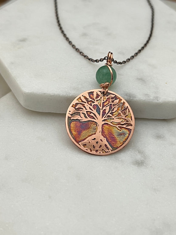 Acid etched copper tree necklace with aventurine gemstone