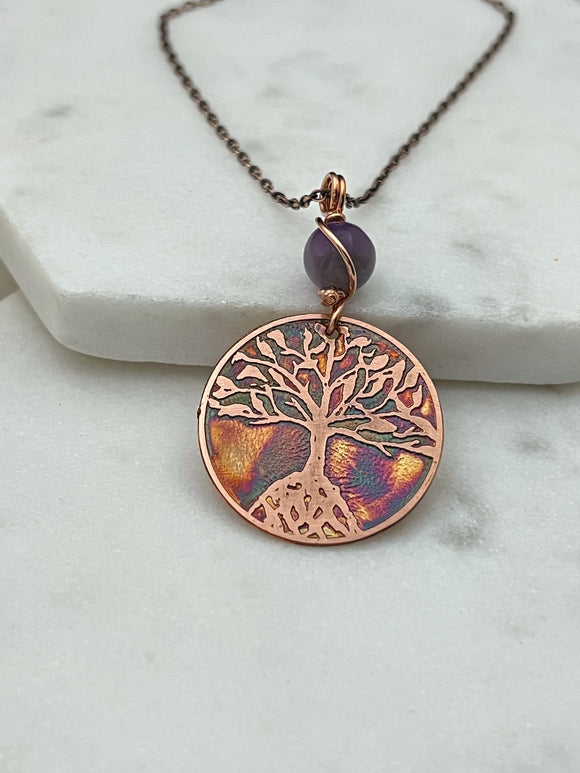 Acid etched copper tree necklace with amethyst gemstone