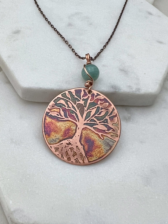 Acid etched copper tree necklace with amazonite gemstone