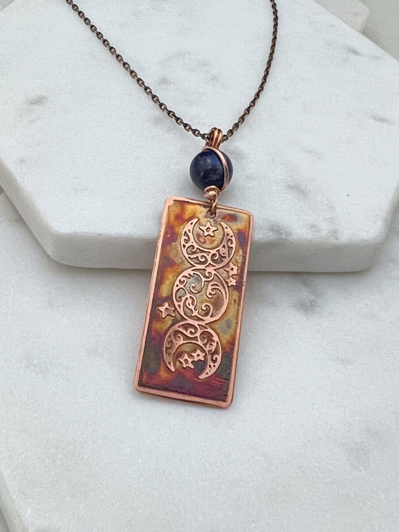 Copper and lapis triple moon necklace