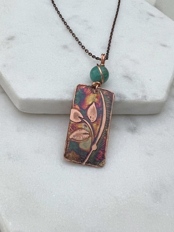 Acid etched copper leaf necklace with amazonite gemstone