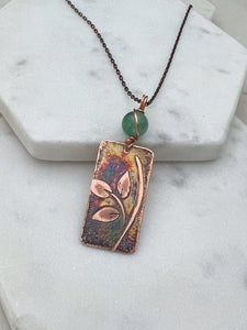 Acid etched copper leaf necklace with aventurine gemstone