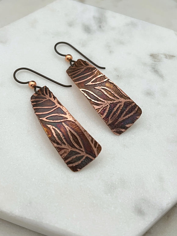 Acid etched copper irregular rectangle earrings