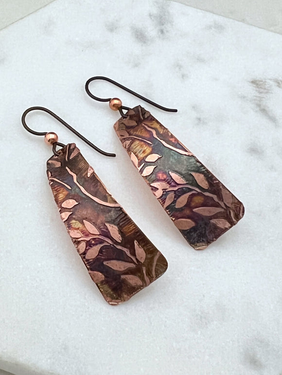 Acid etched copper irregular rectangle earrings