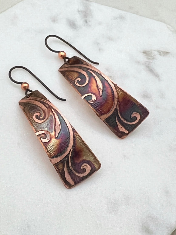 Acid etched copper irregular rectangle earrings