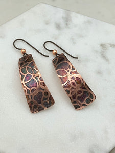 Acid etched copper irregular rectangle earrings