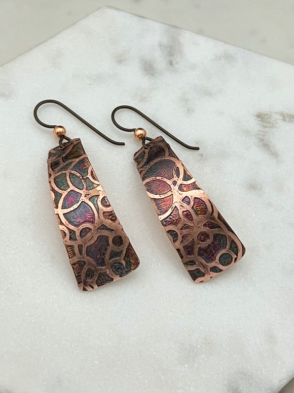 Acid etched copper irregular rectangle earrings